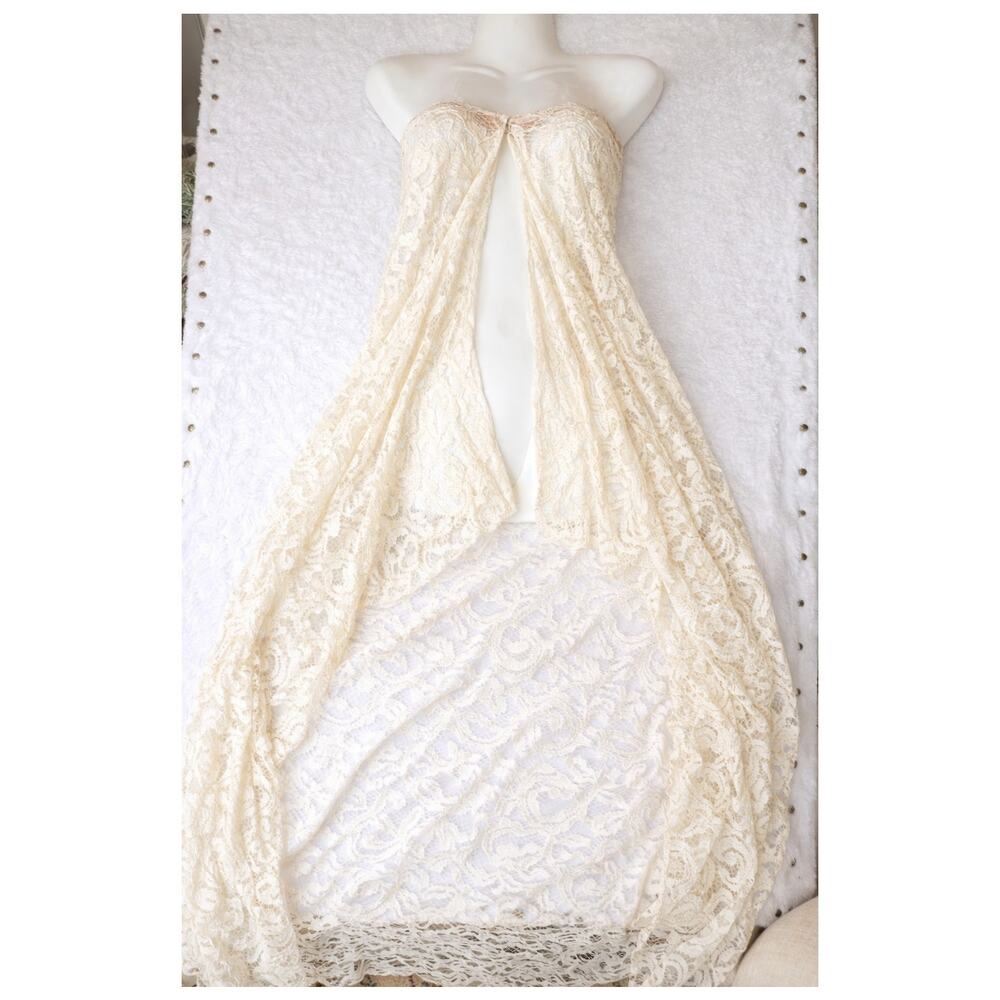 Handmade Ivory Lace Bridal Overskirt High Low Gold Thread Detachable Train - Picture 2 of 6